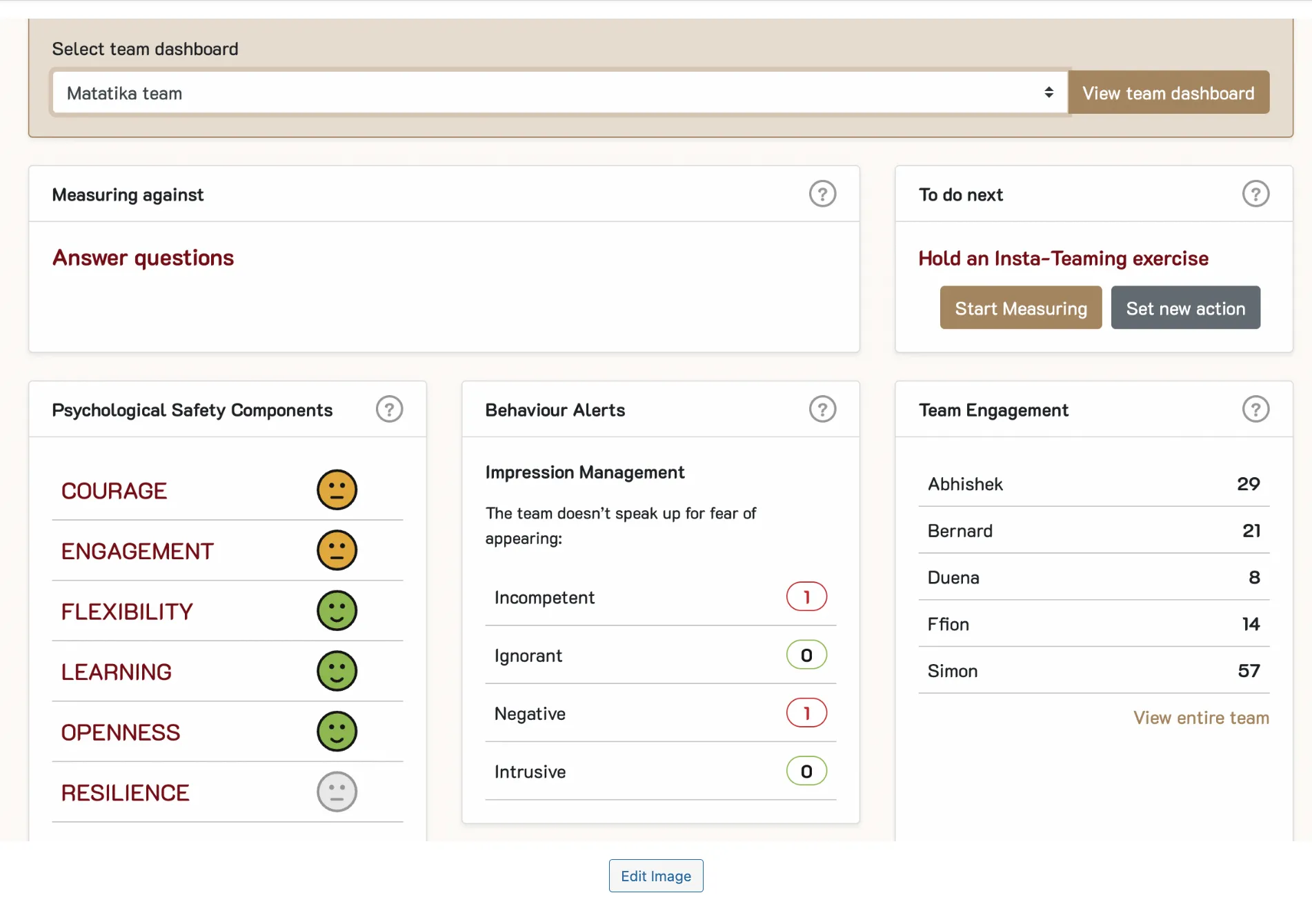 Screenshot of the Human Debt solution and psychological safety dashboard