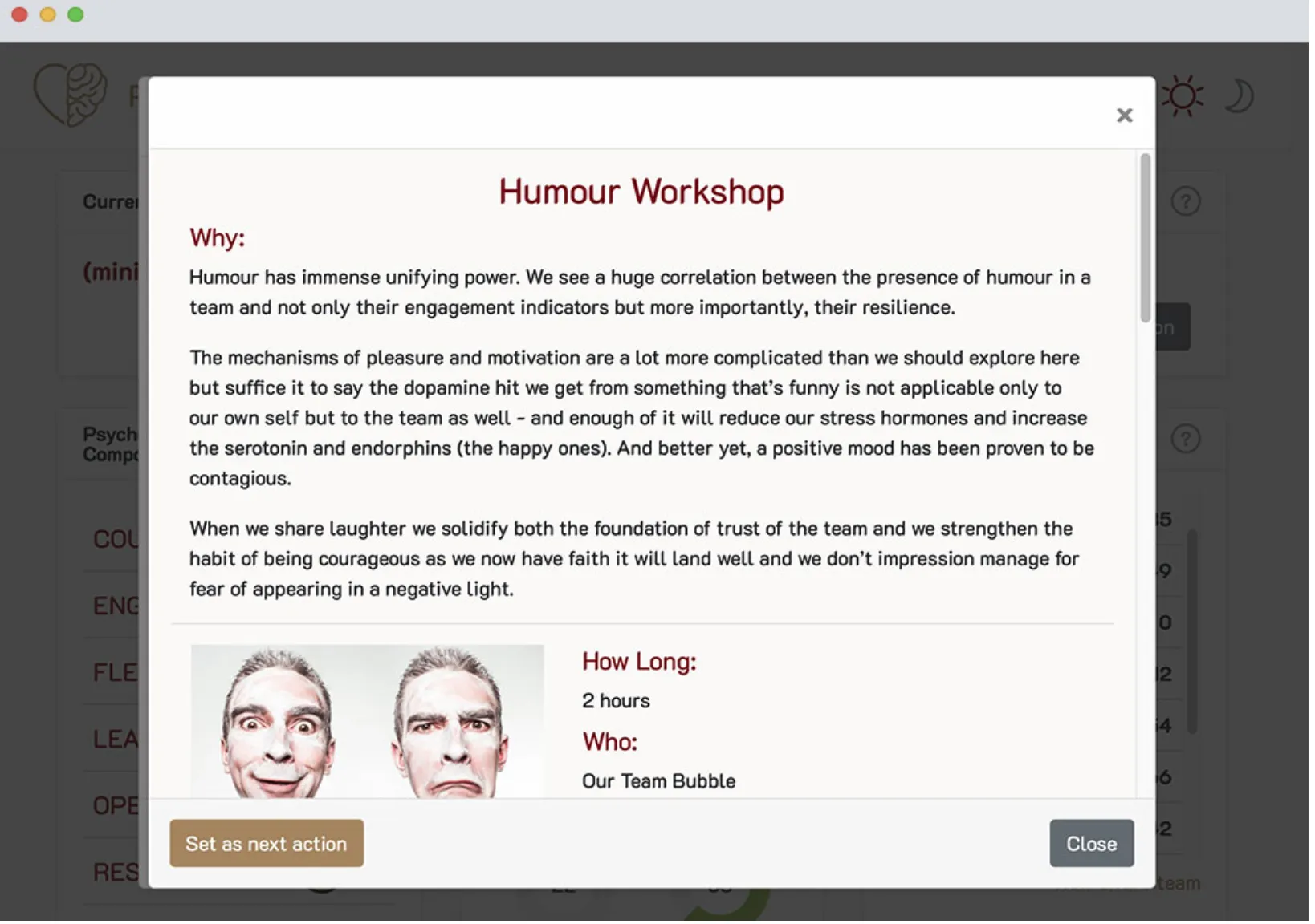Screenshot of the Human Debt solution and psychological safety dashboard