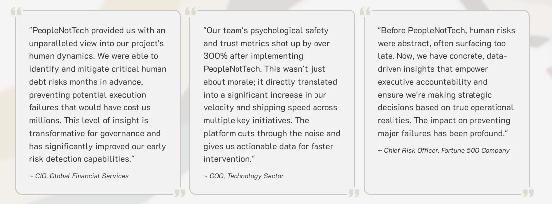 Testimonials from CIO Global Financial Services, COO Technology Sector, and Chief Risk Officer Fortune 500 Company about PeopleNotTech's impact on human risk governance